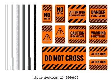 Warning, danger signs, attention banners with metal poles. Orange caution sign, construction site signage. Notice signboard, warning banner, road shield. Vector illustration