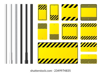 Aviso, señales de peligro, carteles de atención con barras de metal. Signo de precaución amarillo en blanco, señalización de la construcción. Cartel de aviso, cartel de advertencia, protector de carretera. Ilustración del vector