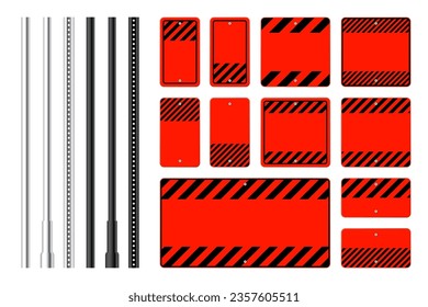 Warning, danger signs, attention banners with metal poles. Blank red caution sign, construction site signage. Notice signboard, warning banner, road shield. Vector illustration