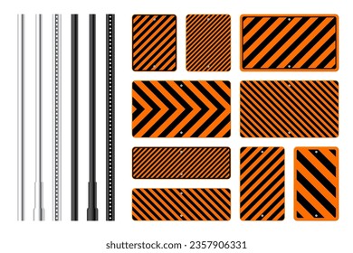 Warning, danger signs, attention banners with metal poles. Orange caution sign, construction site signage. Notice signboard, warning banner, road shield. Vector illustration