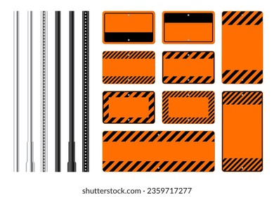 Warning, danger signs, attention banners with metal poles. Blank orange caution sign, construction site signage. Notice signboard, warning banner, road shield. Vector illustration