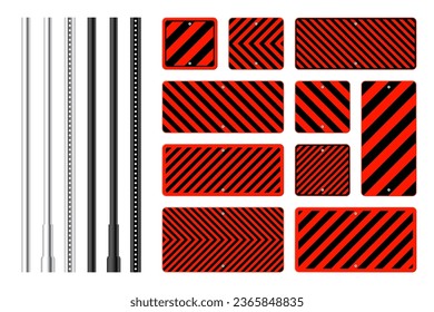 Warning, danger signs, attention banners with metal poles. Red caution sign, construction site signage. Notice signboard, warning banner, road shield. Vector illustration