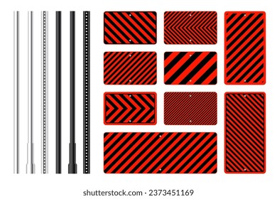 Warning, danger signs, attention banners with metal poles. Red caution sign, construction site signage. Notice signboard, warning banner, road shield. Vector illustration