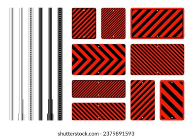 Warning, danger signs, attention banners with metal poles. Red caution sign, construction site signage. Notice signboard, warning banner, road shield. Vector illustration