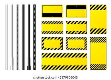 Warning, danger signs, attention banners with metal poles. Blank yellow caution sign, construction site signage. Notice signboard, warning banner, road shield. Vector illustration