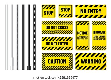 Warning, danger signs, attention banners with metal poles. Yellow caution sign, construction site signage. Notice signboard, warning banner, road shield. Vector illustration