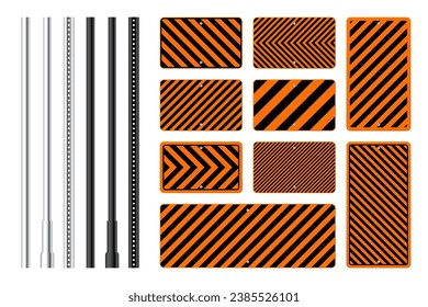 Warning, danger signs, attention banners with metal poles. Orange caution sign, construction site signage. Notice signboard, warning banner, road shield. Vector illustration