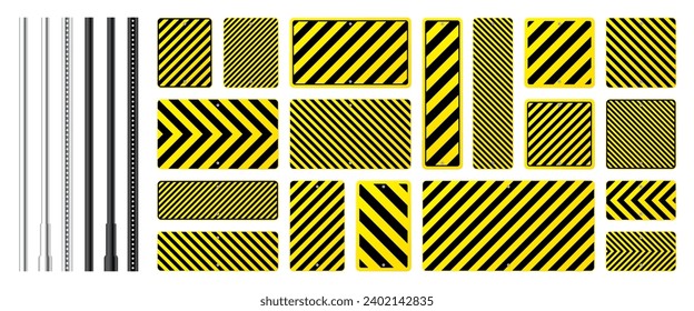 Warning, danger signs, attention banners with metal poles. Yellow caution sign, construction site signage. Notice signboard, warning banner, road shield. Vector illustration