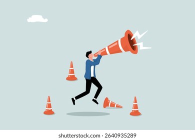 Warning or danger signs, broadcast announcements, attention or advertising concepts, businessmen shouting loud voice messages over large loudspeakers, or delivering messages in a loud voice to others.