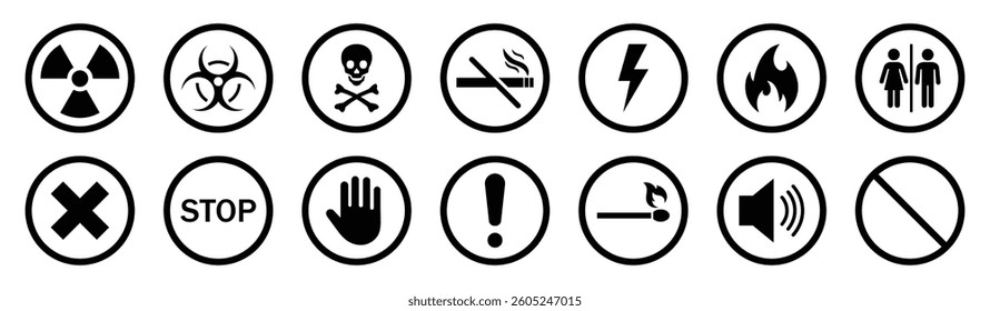 Warning and danger signs collection. Set of hazard warning signs symbols. Toxic biohazard waste forbid pictograph set isolated. Silhouette and outline style. Vector illustration.