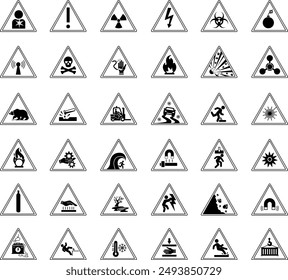 Señales de advertencia de peligro. Peligro biológico, alto voltaje, carcinógeno, arma química, gas comprimido, camino resbaladizo, carga suspendida, riesgo de aplastamiento, campo magnético y otros