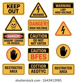 Warning and Danger Signs Vector Set – Caution, High Voltage, Restricted Area Labels

