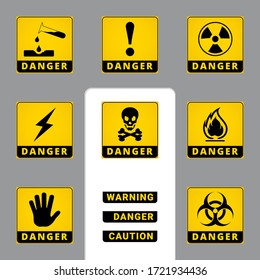 Warning and Danger. Square Icons. Set of Road and Safety Signs. Vector Isolated Labels
