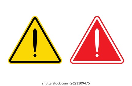 Warning and danger triangle signs with exclamation marks in yellow and red colors, caution alert icons for safety, hazard notification, attention symbols, vector illustration 