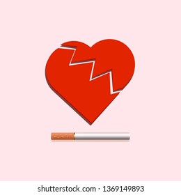 Warning of the dangers of smoking. Heart cracked over a cigarette. Vector illustration. No tobacco day