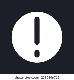 Warning dark mode glyph ui icon. Exclamation mark in circle. Pay attention. User interface design. White silhouette symbol on black space. Solid pictogram for web, mobile. Vector isolated illustration
