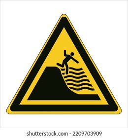 Warning; Deep shelving beach
To warn of deep shelving beach
Human figure falling, edge of a land mass, six wavy lines