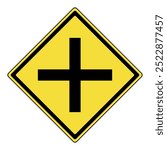 Warning diamond sign. Yellow diamond warning sign with intersection  mark symbol. Hazard warning attention sign. crossroad sign caution. intersection traffic Mark. Isolated on white background