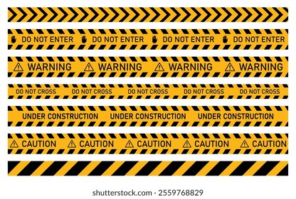 Warning, Do not cross, Caution, Under construction barrier tape collection sign for web site road working security attention black text on transparent background