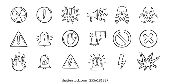 Warning doodle hand drawn icons set. Danger drawing sketch signs . Vector illustration