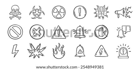 Warning doodle hand drawn icons set. Danger drawing sketch signs . Vector illustration