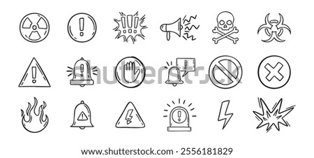 Warning doodle hand drawn icons set. Danger drawing sketch signs . Vector illustration