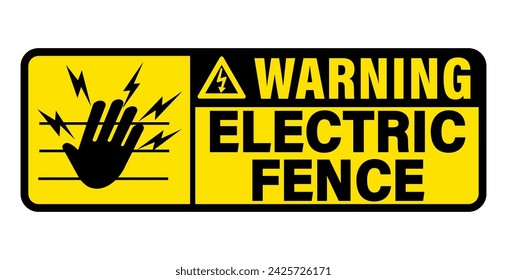 Warning, electric fence. Caution and safety sign with symbols of hand, wire and lightnings. Text on the right. Horizontal shape, strip.