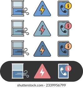 Iconos de advertencia o eléctricos, viento de ventanas, iconos de ventilación, iconos de teléfono de información, iconos de teléfono