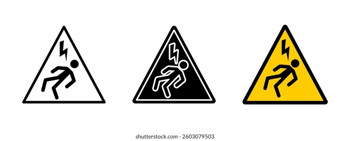 Warning electricity icon. High voltage danger symbol with electric shock pictogram. Electrical hazard sign for safety and risk prevention. Power accident alert triangle vector illustration.