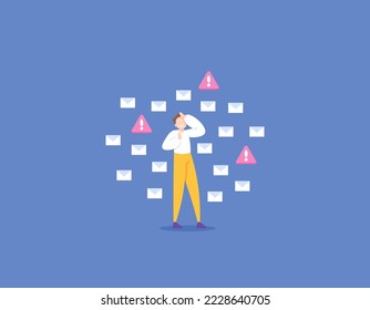 warning from email or spam messages. an angry man and uncomfortable because get many incoming messages. attacked by messages spammers. illustration concept design. design element