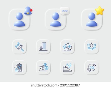Warning, Energy price and Buildings line icons. Placeholder with 3d star, reminder bell, chat. Pack of Building warning, Consumption growth, Paint roller icon. Quality, Co2 gas pictogram. Vector