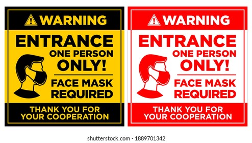 Warning Entrance Sign. Entry For One Person Only. Face Mask Required. Infection Preventive Measure Sticker On Entrance Door. Square Signage For Restaurant, Cafe And Retail Business. Vector