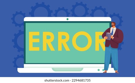 Warning error concept, businessman looking at an internet failure screen on computer, page unavailable. Caution sign on laptop. Concept of technical support, website maintenance services, security