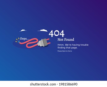 Warning error concept the cable was cut, people will see the message or information an internet failure screen on a computer. Error 404 web page vector illustration