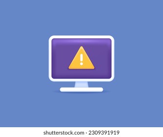 Warning of an error occurred in the computer system. hazard warning notice. System is crashes. PC monitor, triangle, and exclamation mark. technology. symbols and icons. Minimalist 3D concept design