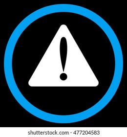 Warning Error vector bicolor rounded icon. Image style is a flat icon symbol inside a circle, blue and white colors, black background.