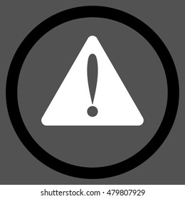 Warning Error vector bicolor rounded icon. Image style is a flat icon symbol inside a circle, black and white colors, gray background.