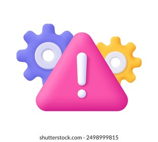 Warning exclamation mark in triangle with gear wheel settings sign. Caution, problem, process setting, risk management and analysis concept. 3d vector icon. Cartoon minimal style.