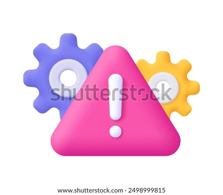 Warning exclamation mark in triangle with gear wheel settings sign. Caution, problem, process setting, risk management and analysis concept. 3d vector icon. Cartoon minimal style.