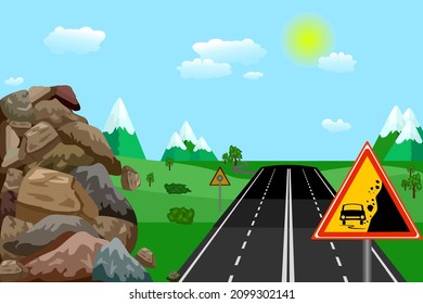 Warning Falling Rocks Sign On Road In Landscape Background. Danger Sign With Car And Landslide Silhouette. Traffic Caution Insignia About Rockslide Or Gravel. Rockfall From Mountain On Highway. Vector