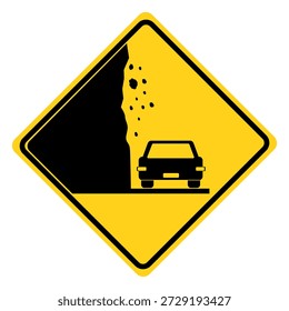 Aviso de queda de rochas sinal, Queda de rochas e escorregadio sinal de estrada, insígnias de alerta de trânsito sobre deslizamento de rocha ou cascalho. Projeto de ilustração de vetor plano