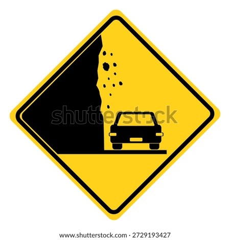 Warning falling rocks sign, Falling rocks and slippery road sign, Traffic caution insignia about rock slide or gravel. Flat vector illustration design