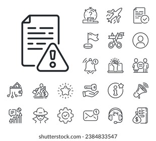 Warning file sign. Salaryman, gender equality and alert bell outline icons. Instruction manual line icon. Caution alert symbol. Instruction manual line sign. Spy or profile placeholder icon. Vector