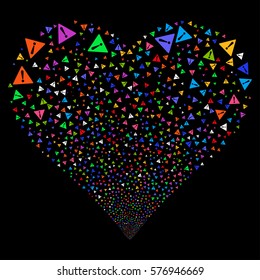 Warning fireworks with heart shape. Vector illustration style is flat bright multicolored iconic symbols on a black background. Object stream created from scattered symbols.