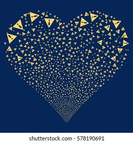 Warning fireworks with heart shape. Vector illustration style is flat yellow iconic symbols on a blue background. Object love heart combined from confetti icons.
