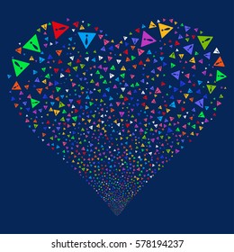 Warning fireworks with heart shape. Vector illustration style is flat bright multicolored iconic symbols on a blue background. Object heart done from scattered pictograms.