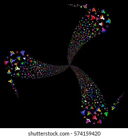 Warning fireworks swirl rotation. Vector illustration style is flat bright multicolored iconic symbols on a black background. Object whirl organized from random symbols.