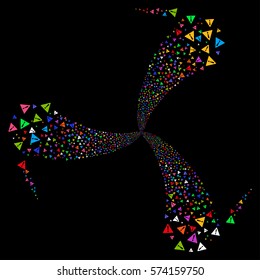 Warning fireworks swirl rotation. Vector illustration style is flat bright multicolored iconic symbols on a black background. Object whirlpool constructed from random pictographs.