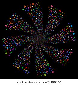 Warning fireworks swirl rotation. Vector illustration style is flat bright multicolored iconic symbols on a black background. Object spiral made from random symbols.