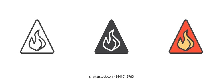 Warning flammable different style icon set. Line, glyph and filled outline colorful version, outline and filled vector sign. Warning fire symbol, logo illustration. Vector graphics